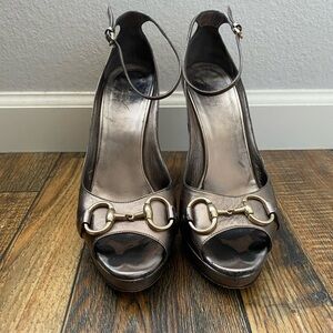 Gucci Bronze Horsebit Wedges Heels Size 9 GUC